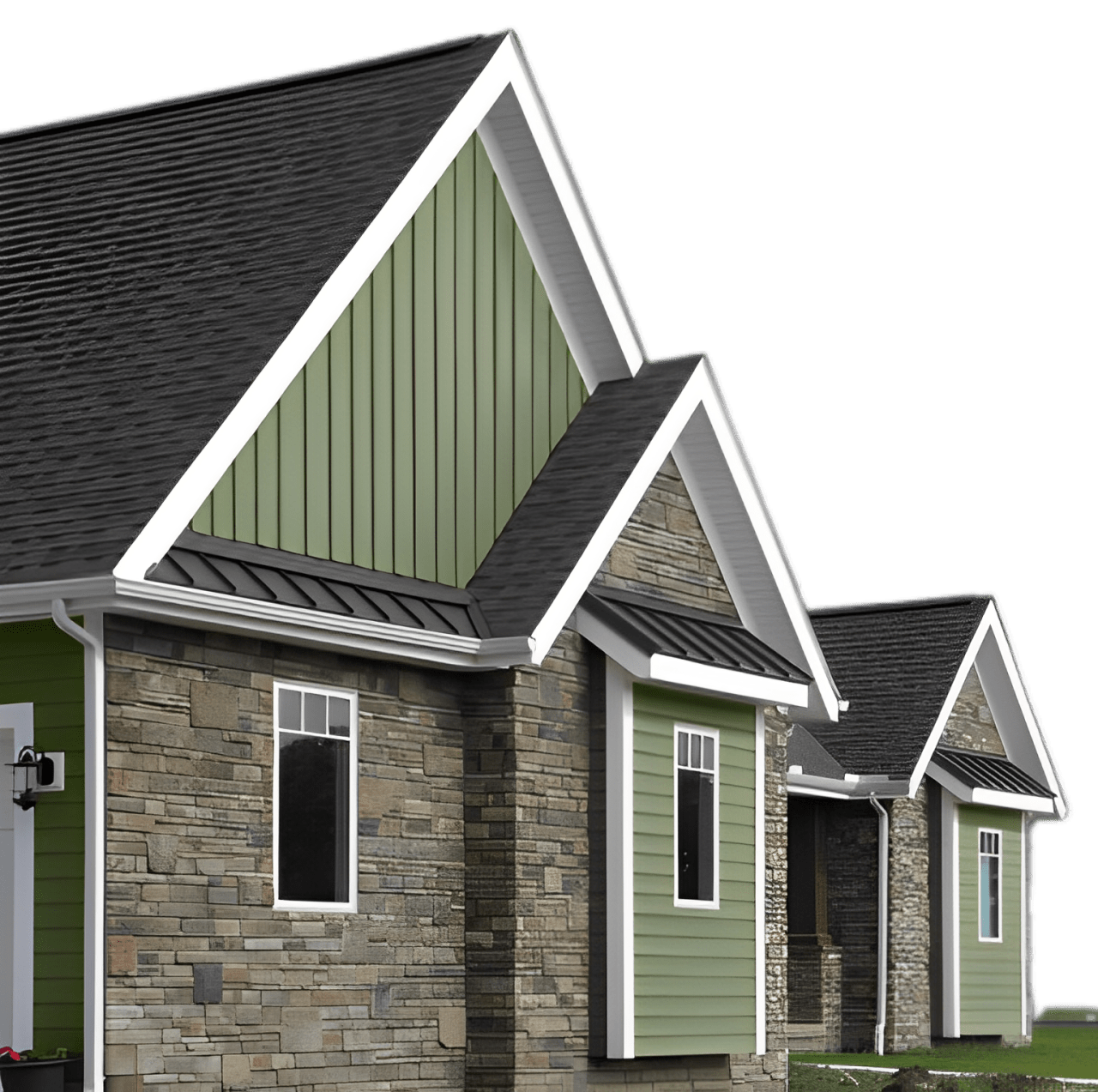 A House Featuring Green Siding Complemented by Elegant Stone Trim, Showcasing a Harmonious Blend of Colors and Textures.